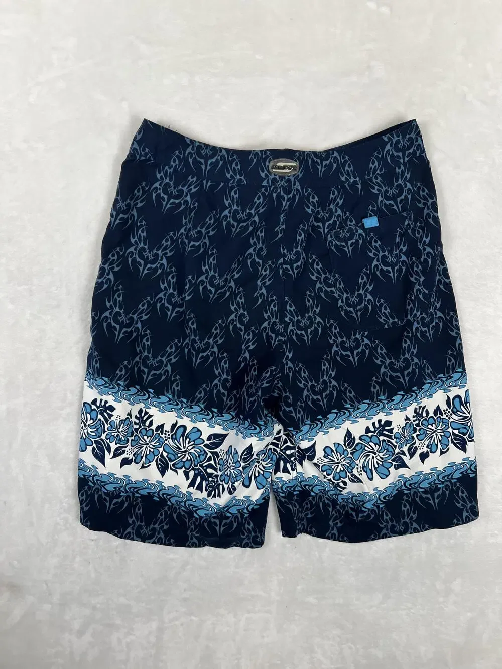 VTG Sideout Board Shorts Mens L Blue Tribal Hawaiian Floral Swim Trunks Surf Y2K